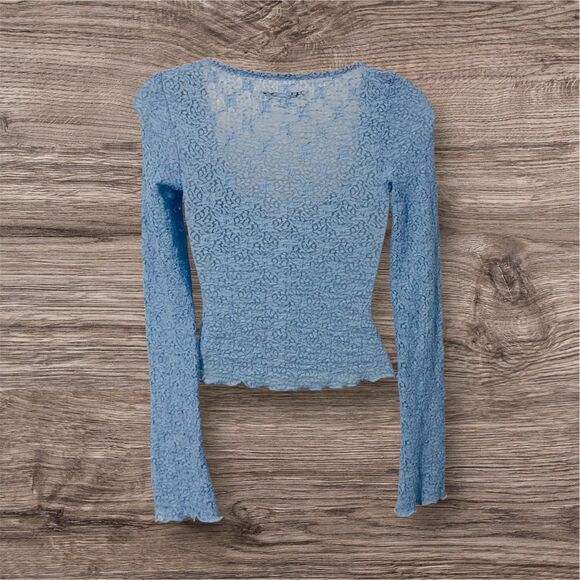 Urban Outfitters Size XS Kimchi Blue Blouse Quinn Lace Pullover Tie Front Blue - Picture 2 of 11